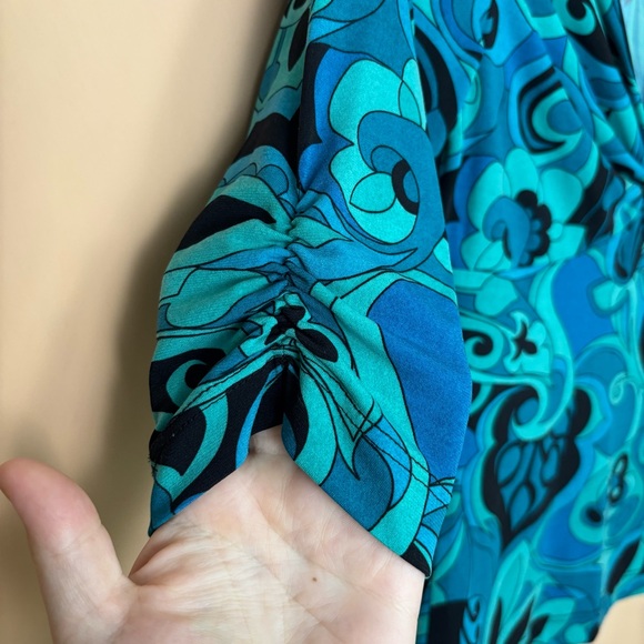 Vintage A. Byer Y2K Blue Abstract Print Top M Artsy Retro Stretch 3/4 Sleeve - Picture 3 of 9